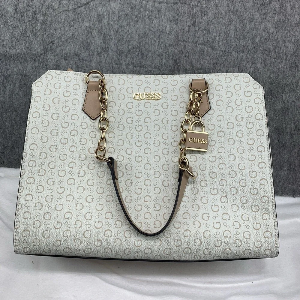 Guess Ellison Logo Satchel Tote Shoulder Bag Purse - Beige/Brown (13.5"x10.5") - Picture 7 of 12